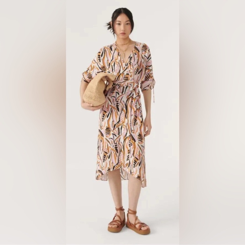 ba&sh Tabby Beige Pink Rust Abstract Wrap Style V-Neck Short Sleeve Dress Size S